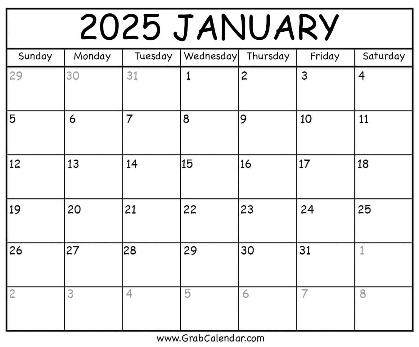 Blank January 2025 Calendar Printable For Kid