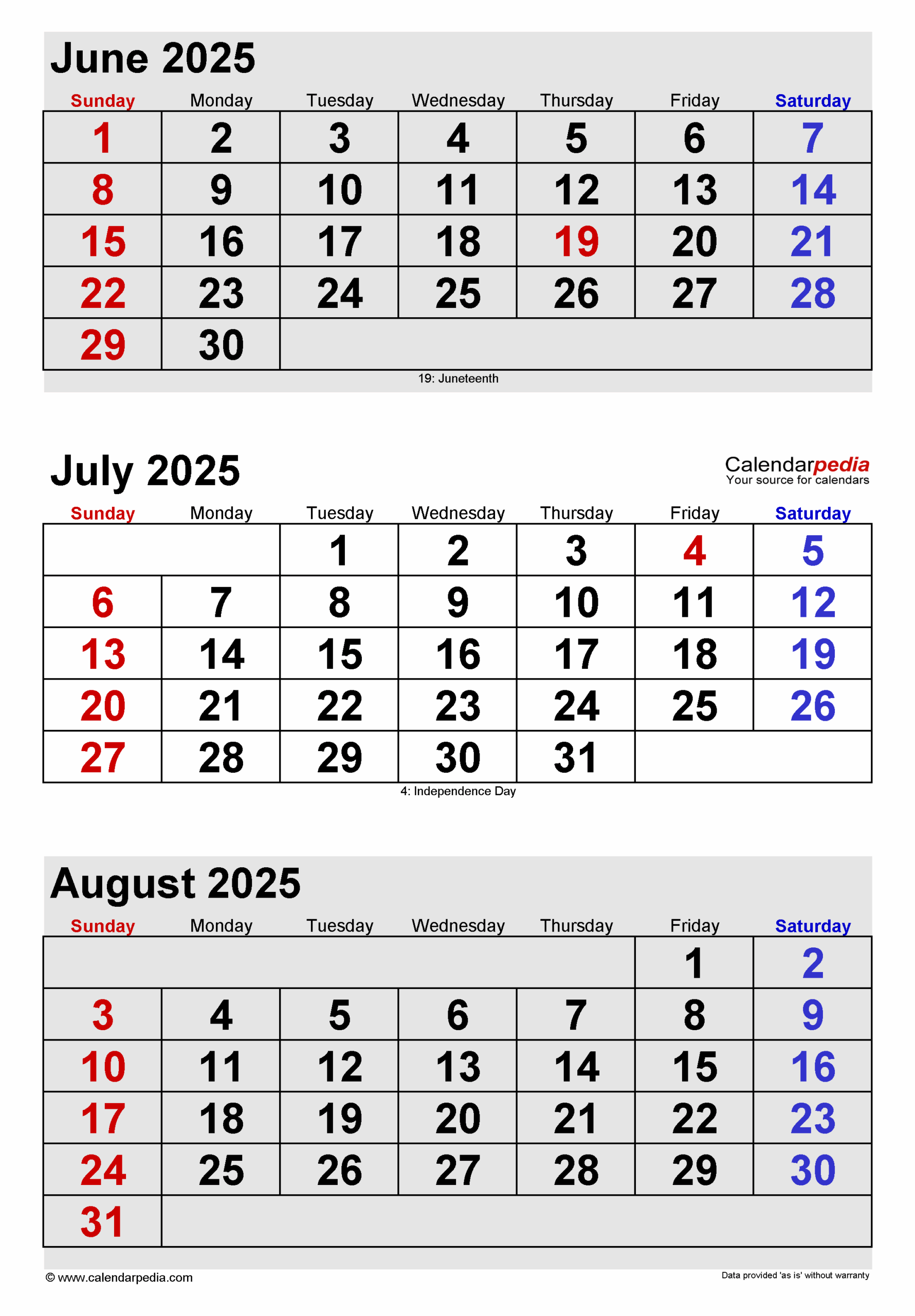 2025 June July August Calendar Owen E Strange