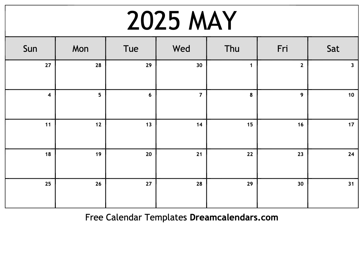 Blank May Calendar Printable Template 2025