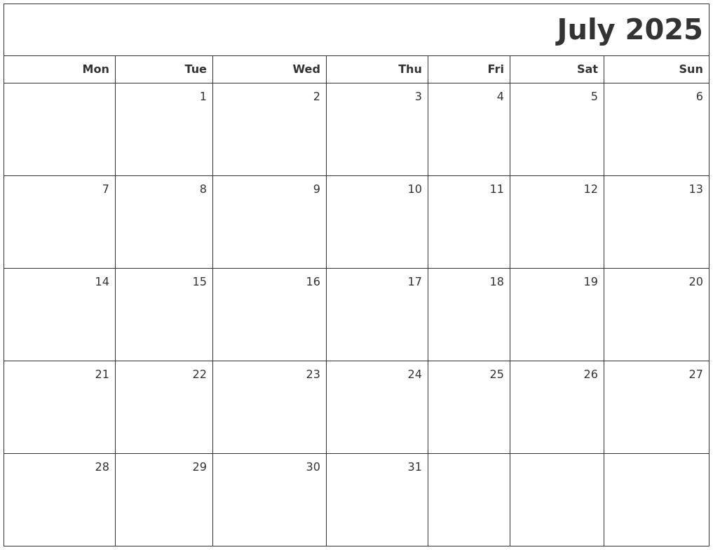 Blank July 2025 Calendar Printable Weekly Blank July 2025 Calendar Printable Weekly