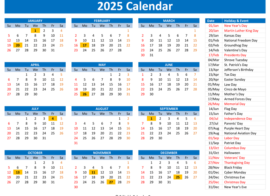 2025 Word Calendar With Holidays Printable Free 1 Ross G Stephens