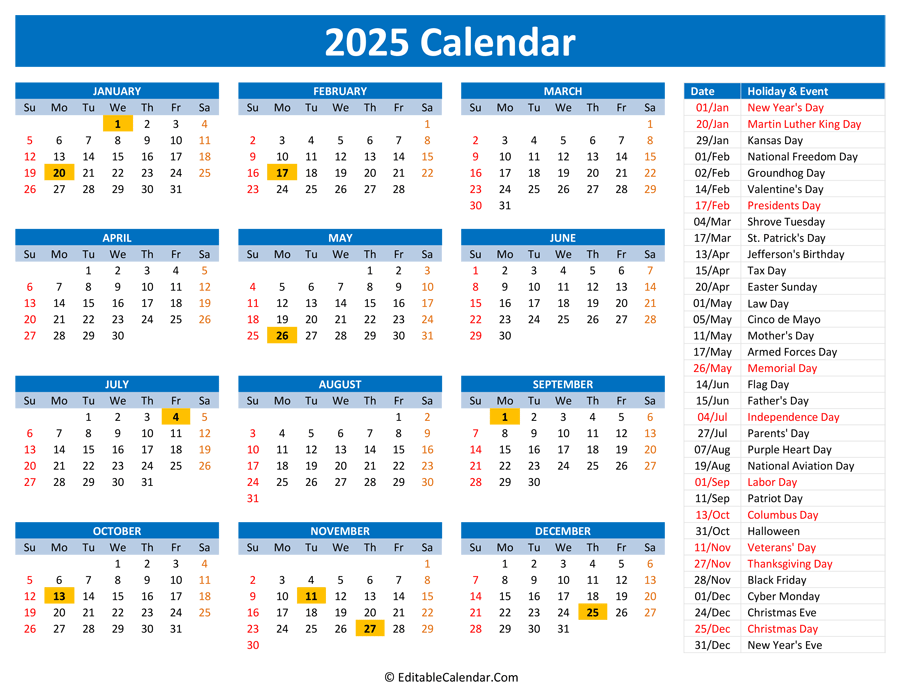 2025 Word Calendar With Holidays Printable Free 1 Ross G Stephens