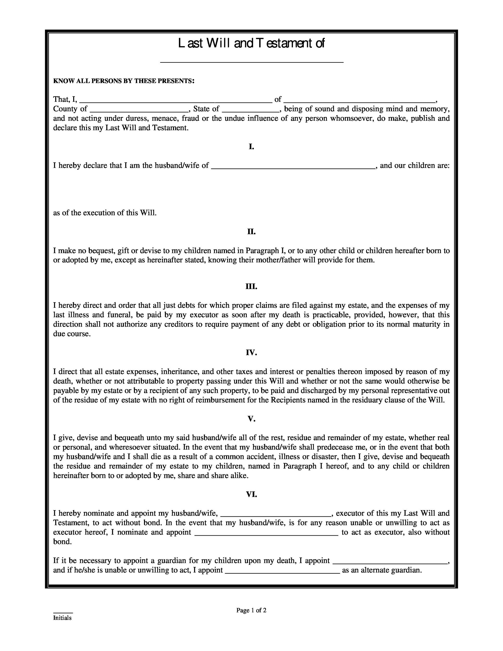 Free Printable Blank Last Will And Testament