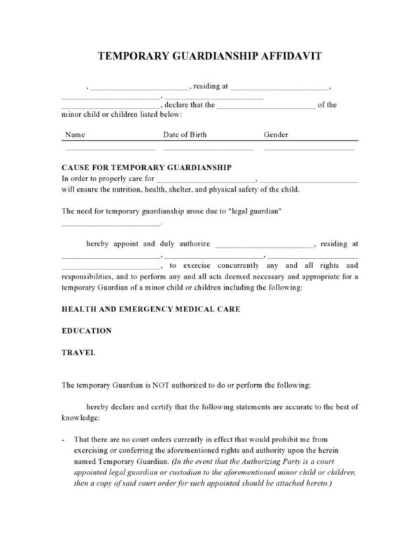 Blank Temporary Guardianship Form Free Printable