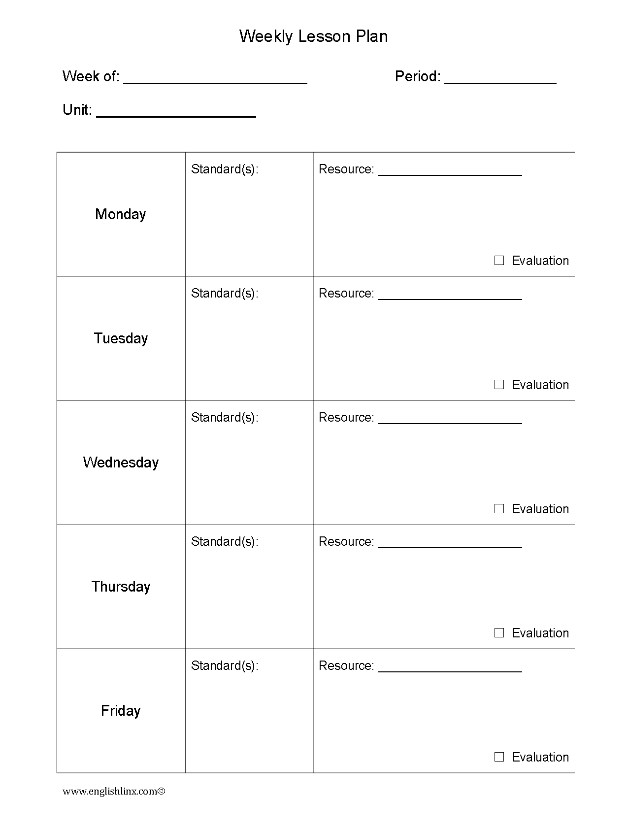 Free Printable Blank Lesson Plan Pages