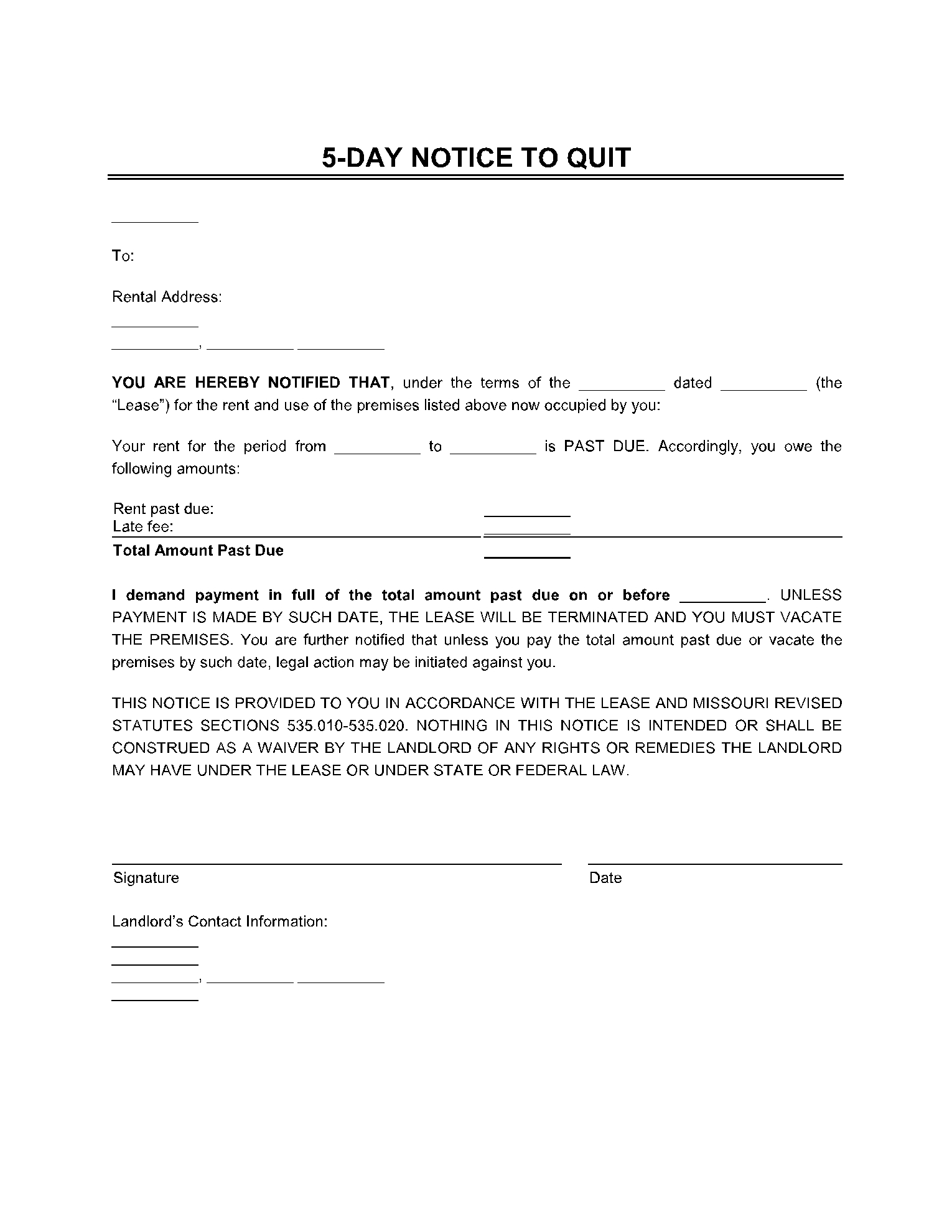 Printable Blank 5 Day Eviction Notice