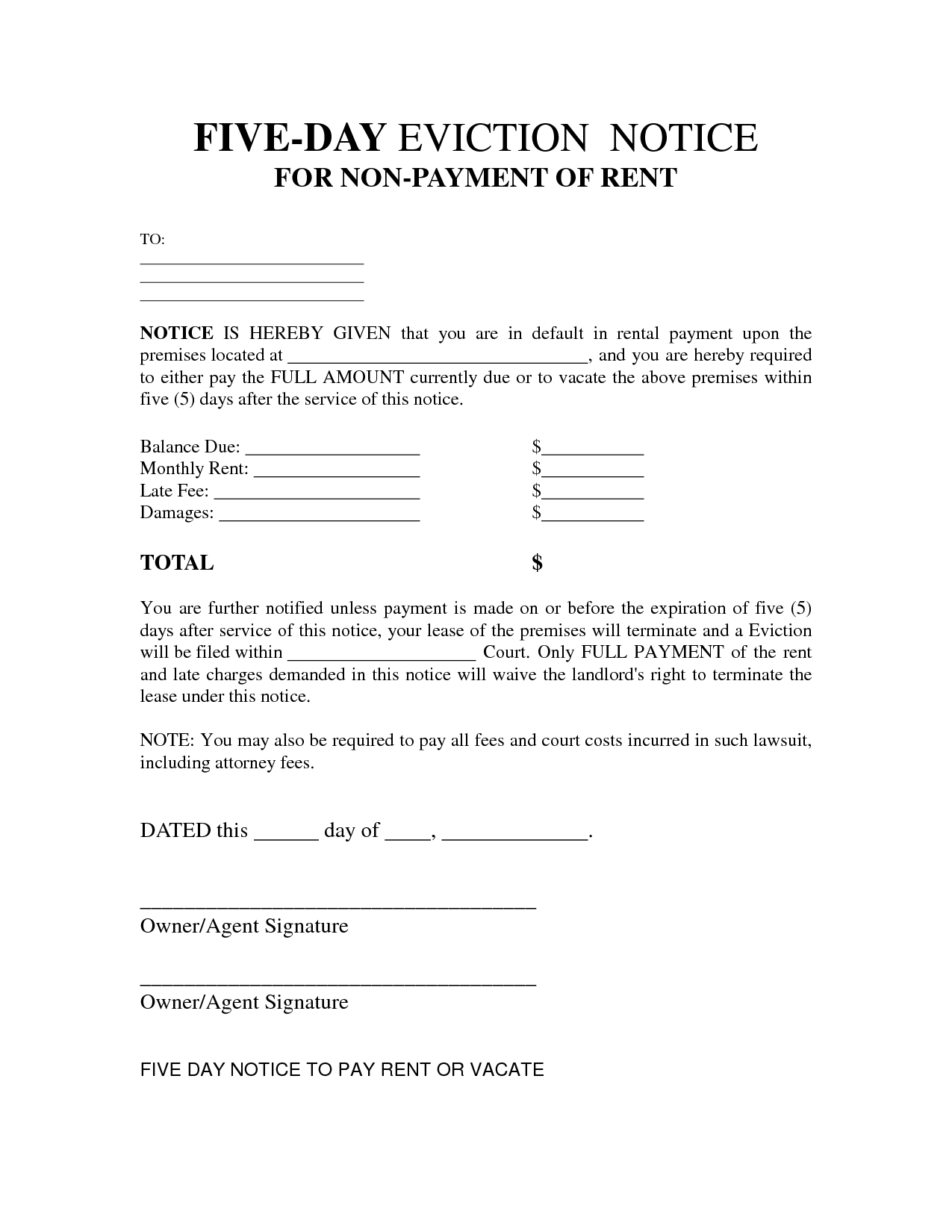 5 Day Eviction Notice Free Printable Documents