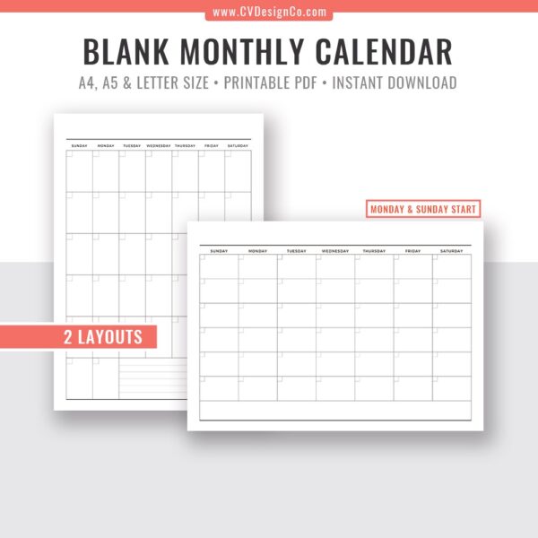 Free Printable A5 Monthly Blank Calendars