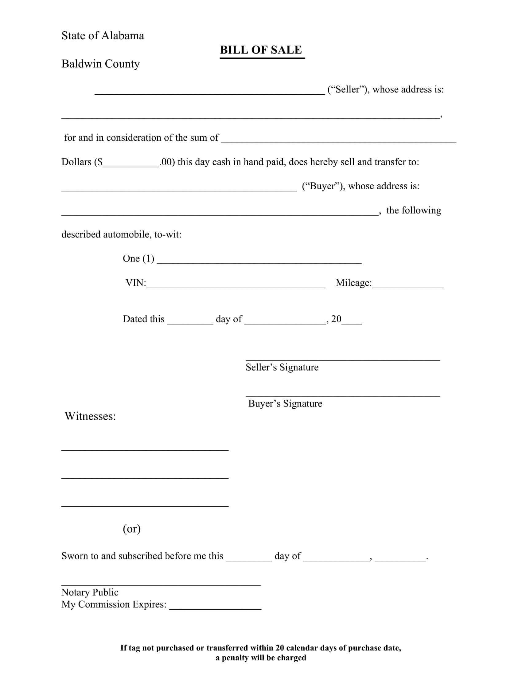 Alabama Vehicle Bill Of Sale Printable