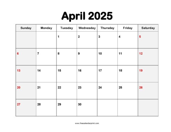 April 2025 Calendar Blank Template Printable