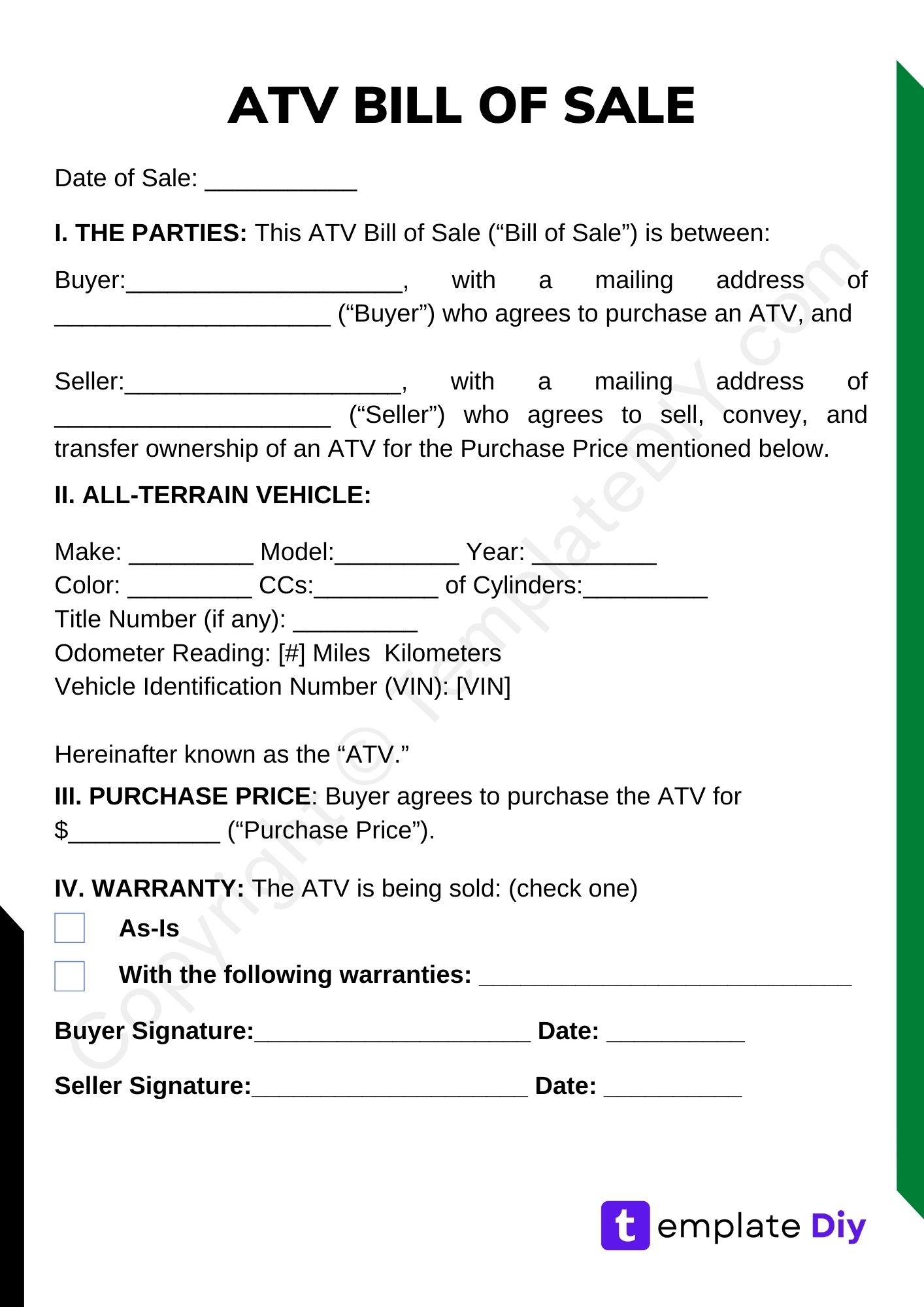 ATV Bill Of Sale Blank Printable Form Template In PDF Word ATV Bill Of Sale Blank Printable Form Template In PDF Word