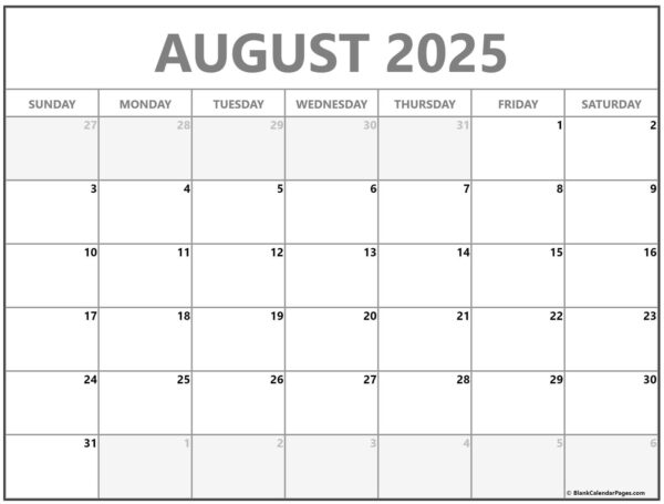 Blank Monthly Calendar Printable August 2025
