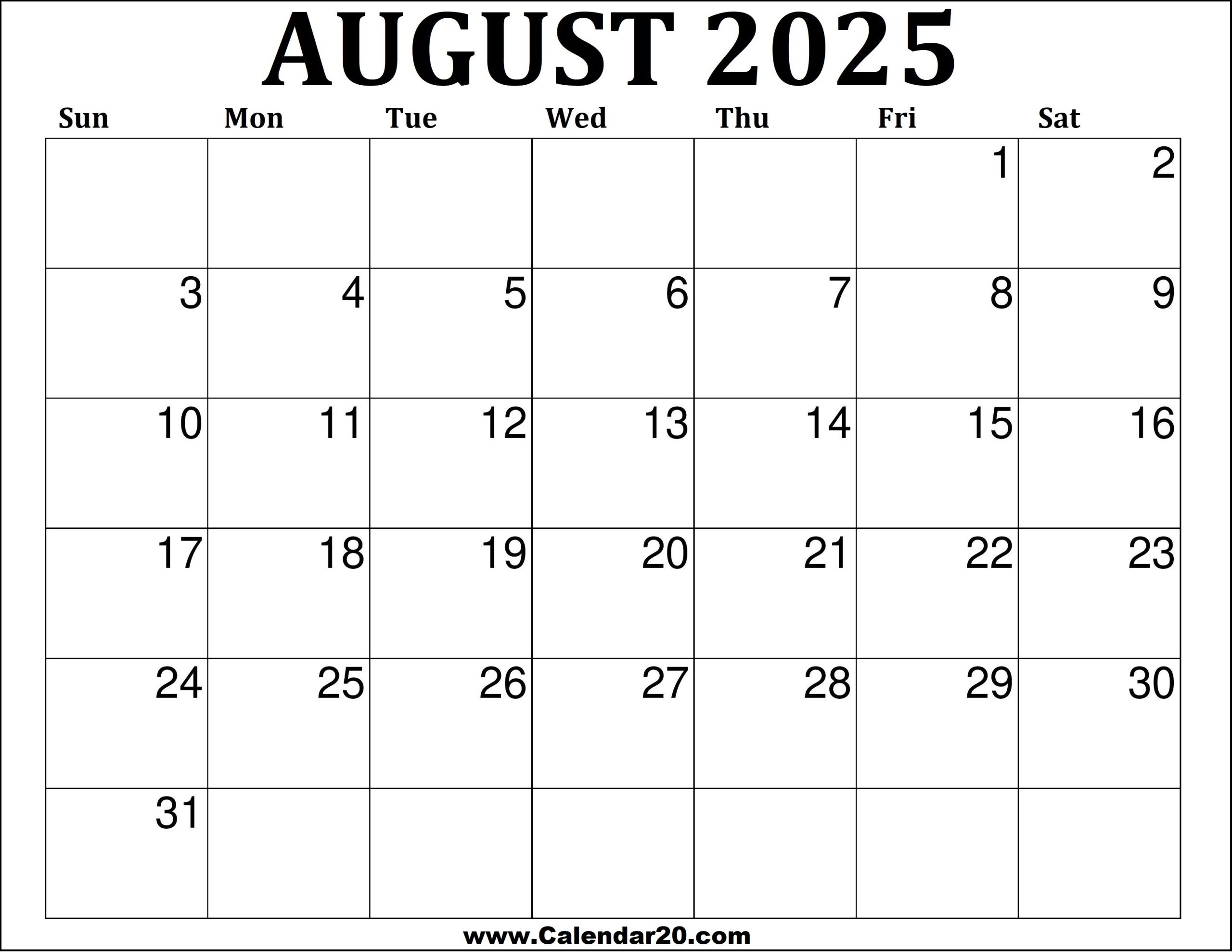 Blank Monthly Calendar Printable August 2025 Blank Monthly Calendar Printable August 2025
