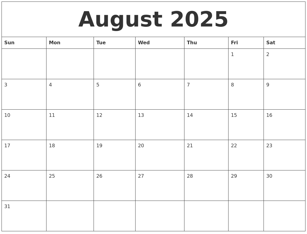 A Blank August 2025 Calendar Printable A Blank August 2025 Calendar Printable