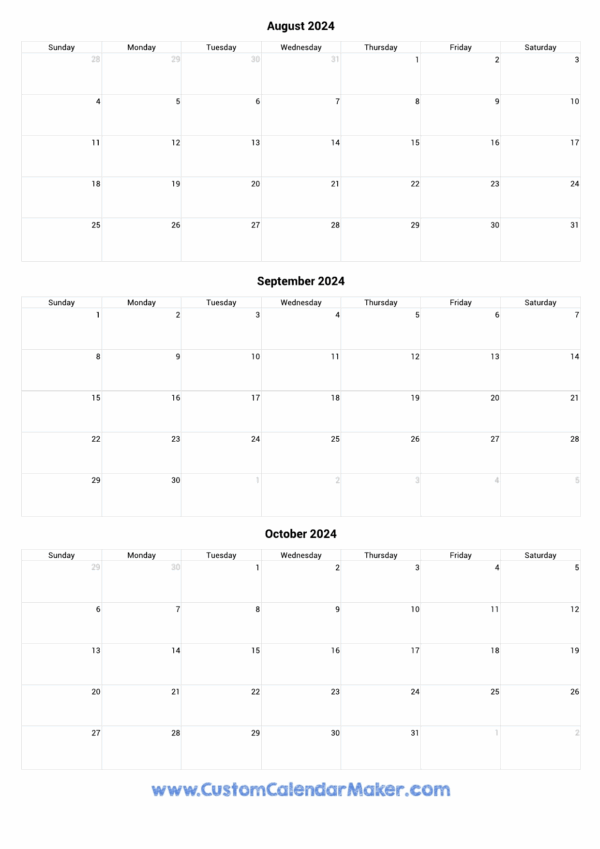 Blank Calendar Printable August Septmber October