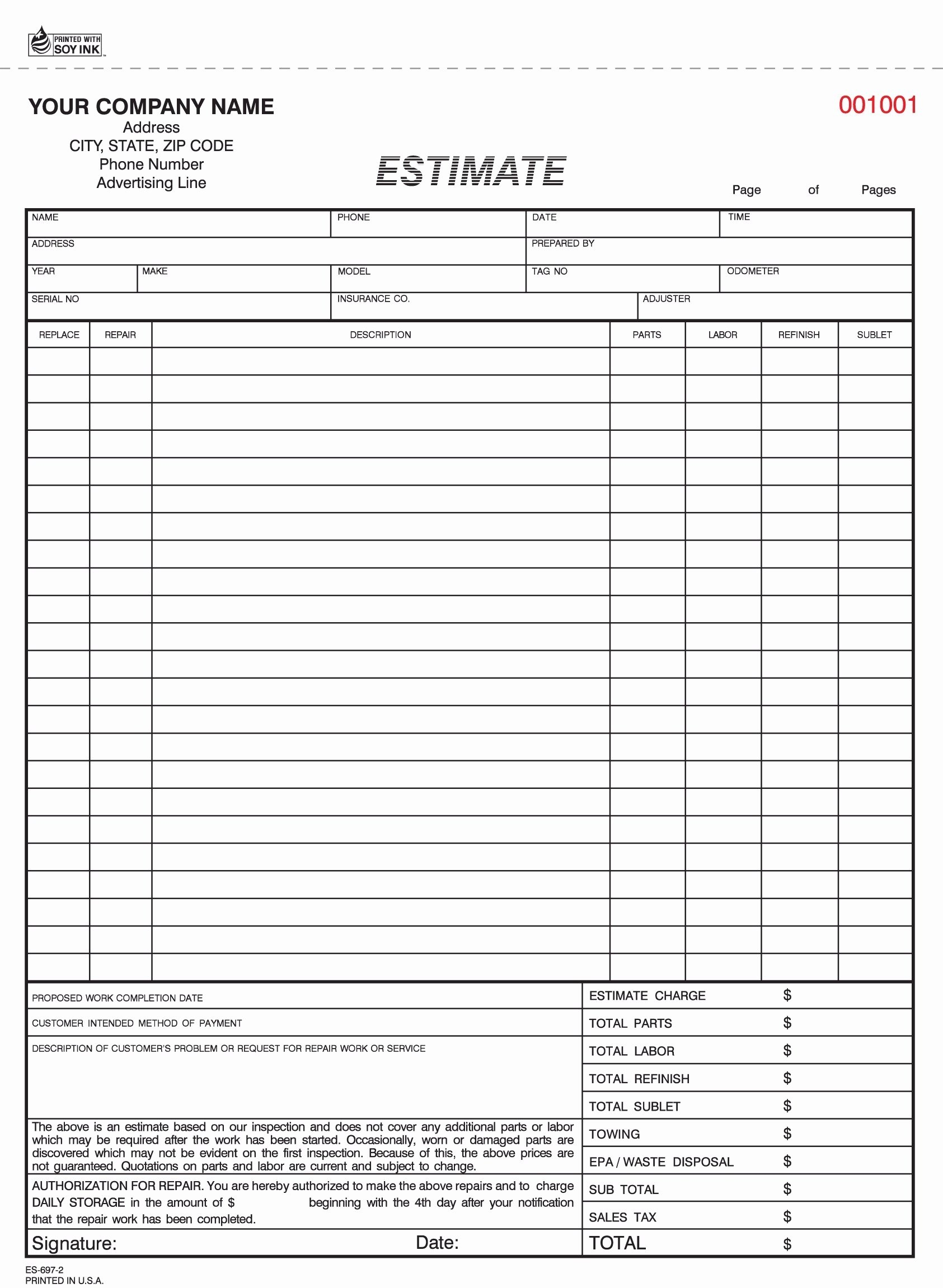 Auto Repair Estimate Forms Printable