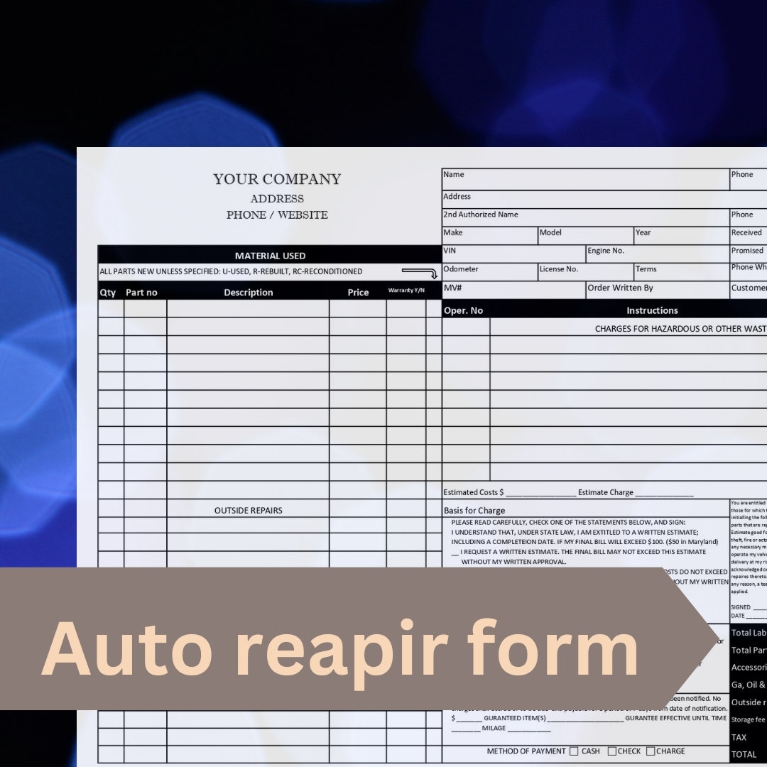 Auto Repair Form Template Auto Repair Service Form Printable Auto Repair Form Template Auto Repair Service Form Printable