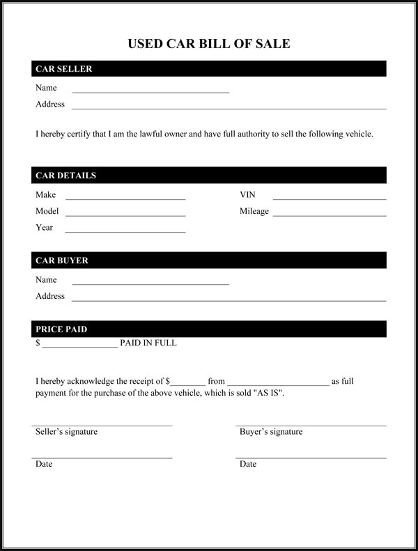 Bill Of Sale For A Car Free Printable Documents