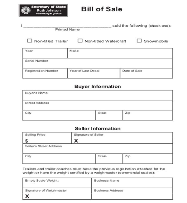 Bill Of Sale Printable Form Free