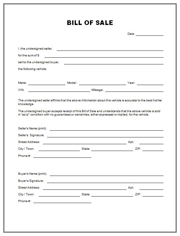 Blank Printable Bill Of Sale For Automobile Blank Printable Bill Of Sale For Automobile