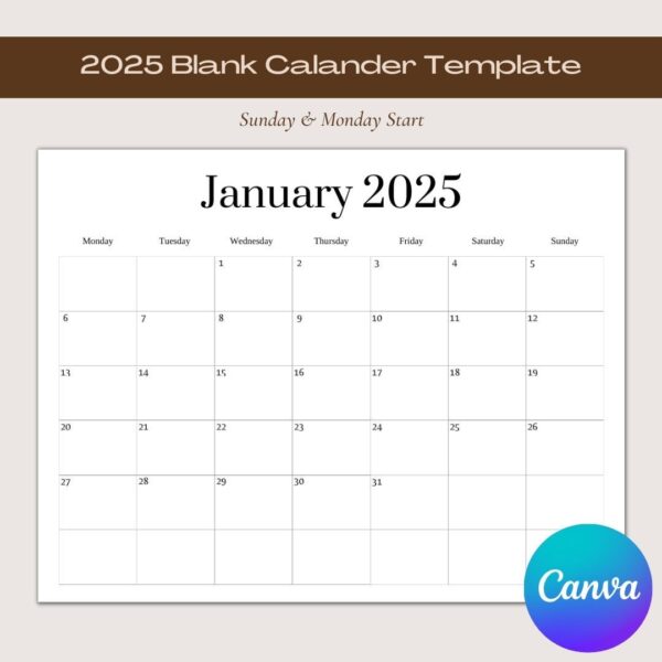 Printable Blank 2025 12 Month Calendar