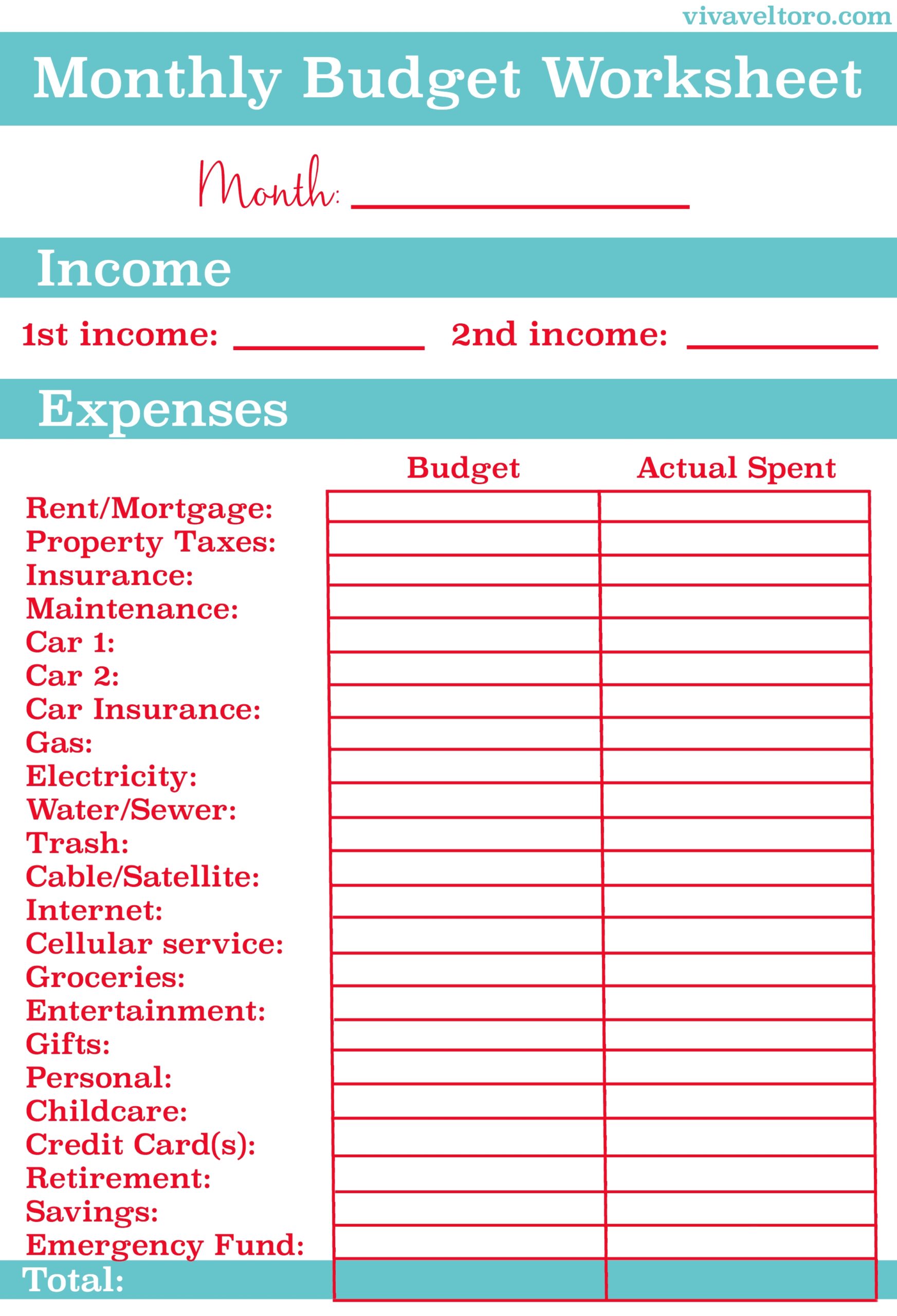 Household Budget Blank Budget Worksheet Printable