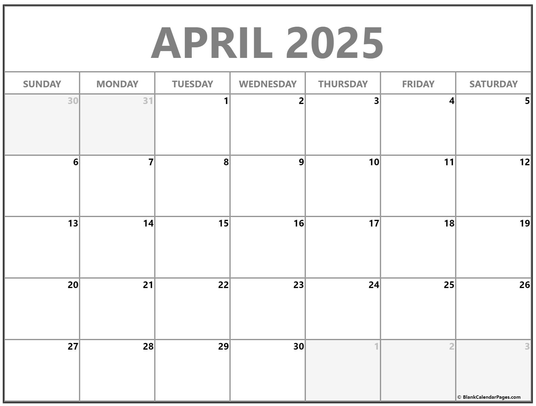 Blank Calendar 2025 Printable April Aidan Sharwood