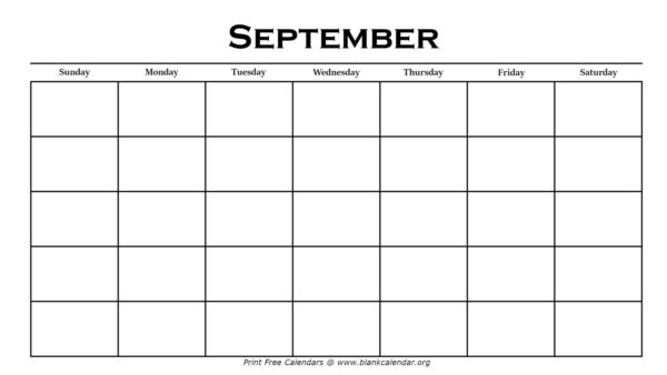 September Blank Monthly Calendar For Girls Printable