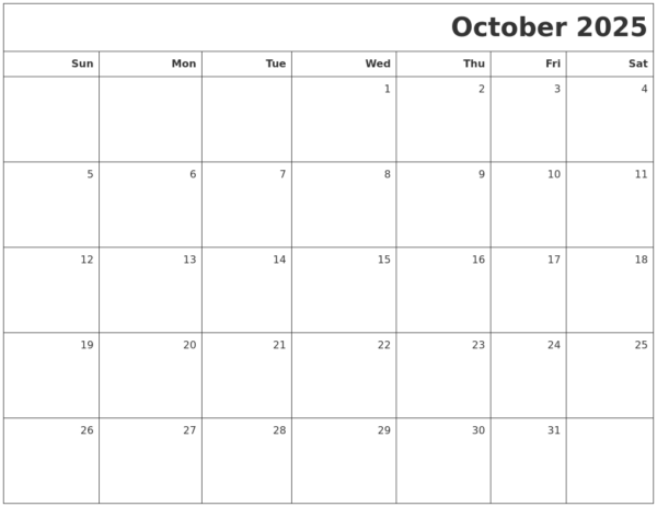 Blank Fillable Oct 2025 Calendar Printable
