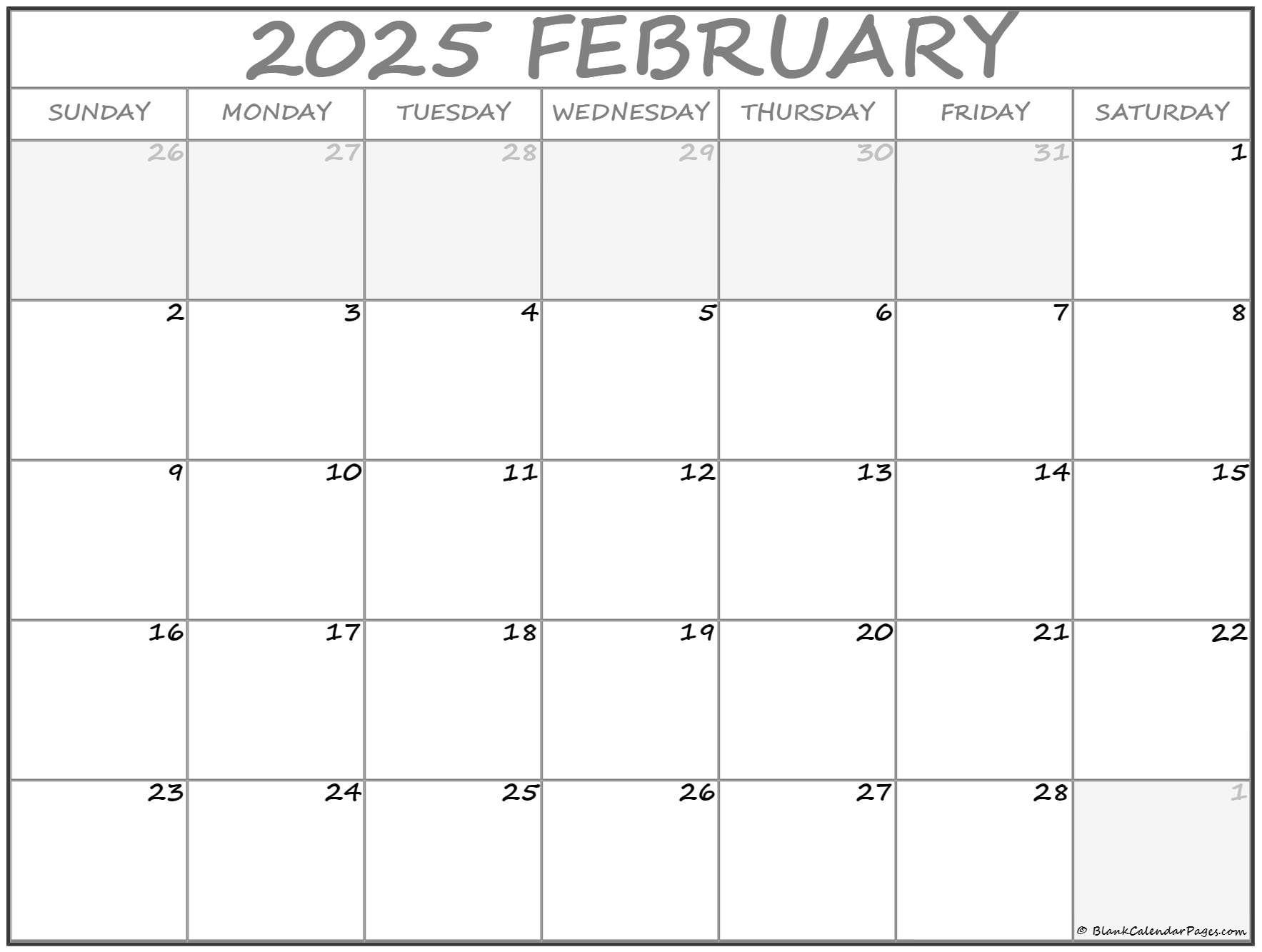 Blank February 2025 Calendar Pdf Rose J Town
