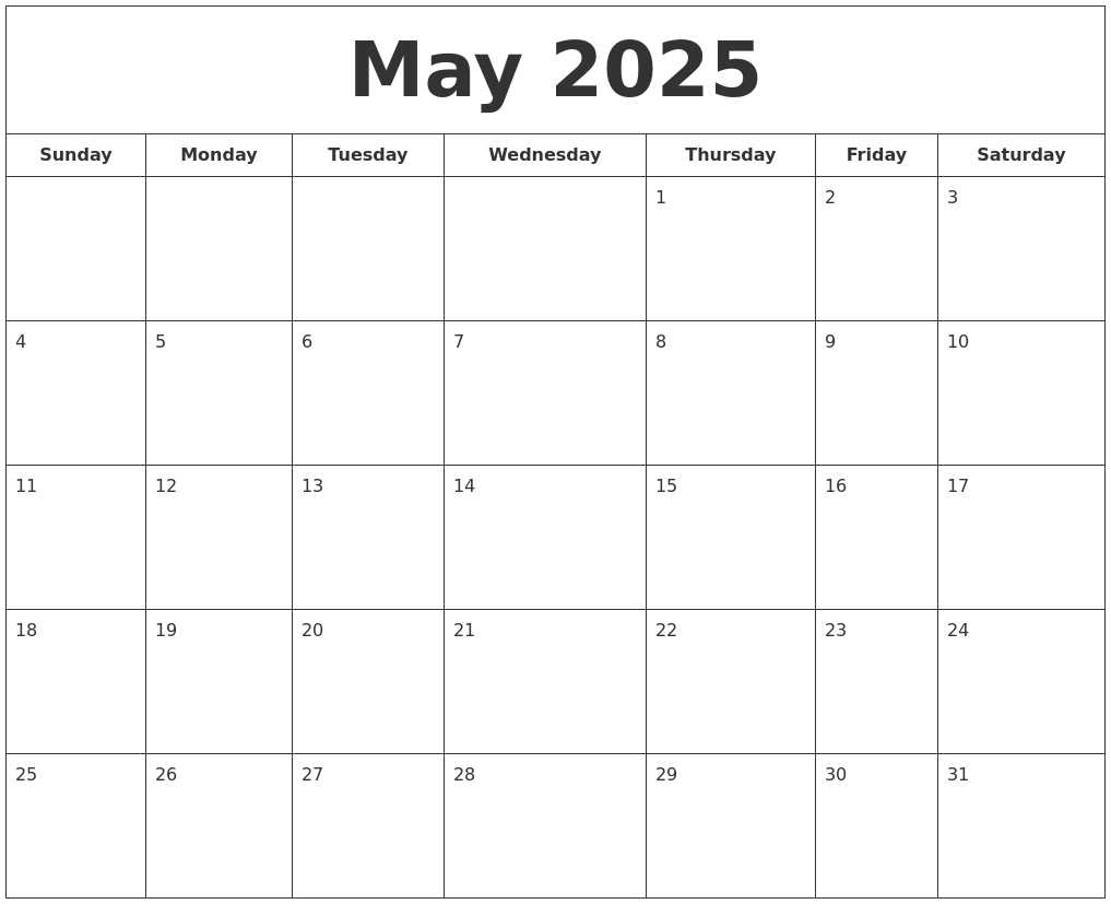 Blank May 2025 Calendar Printable Pdf Calendar Lily Melba