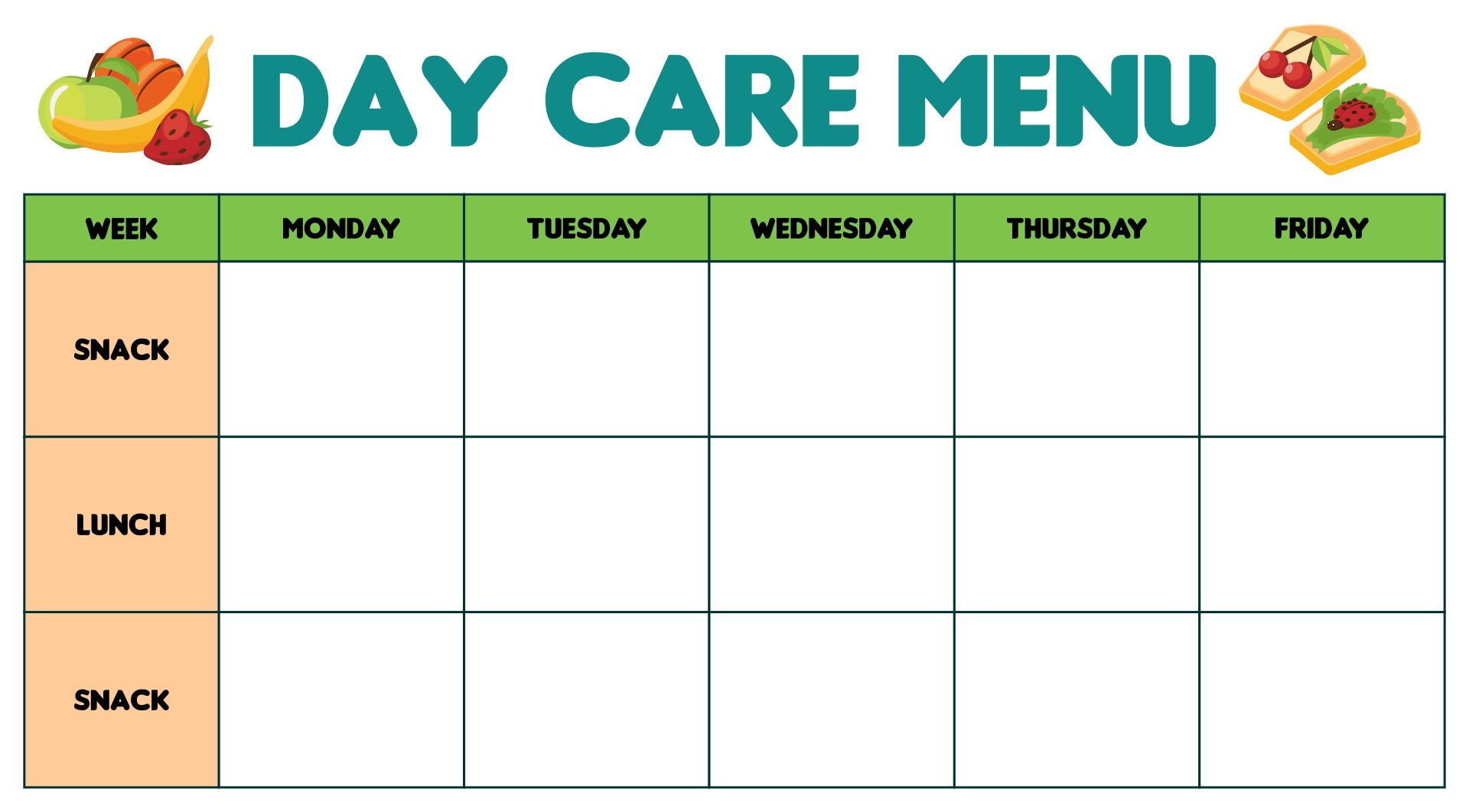 Blank Printable Daycare Menu Breakfast Lunch Snack Blank Printable Daycare Menu Breakfast Lunch Snack