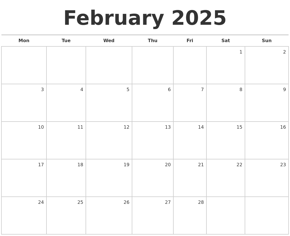 Blank February 2025 Calendar Free Printable