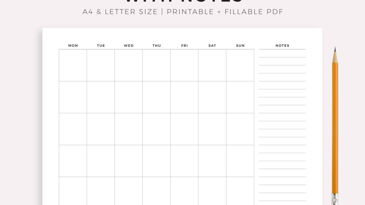 Blank Monthly Calendar With Notes Landscape Printable PDF