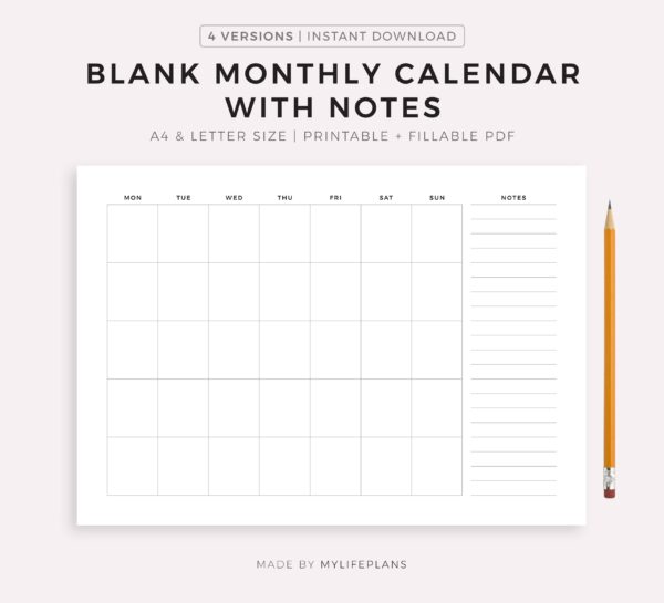 Blank Calendar With Note Section Printables