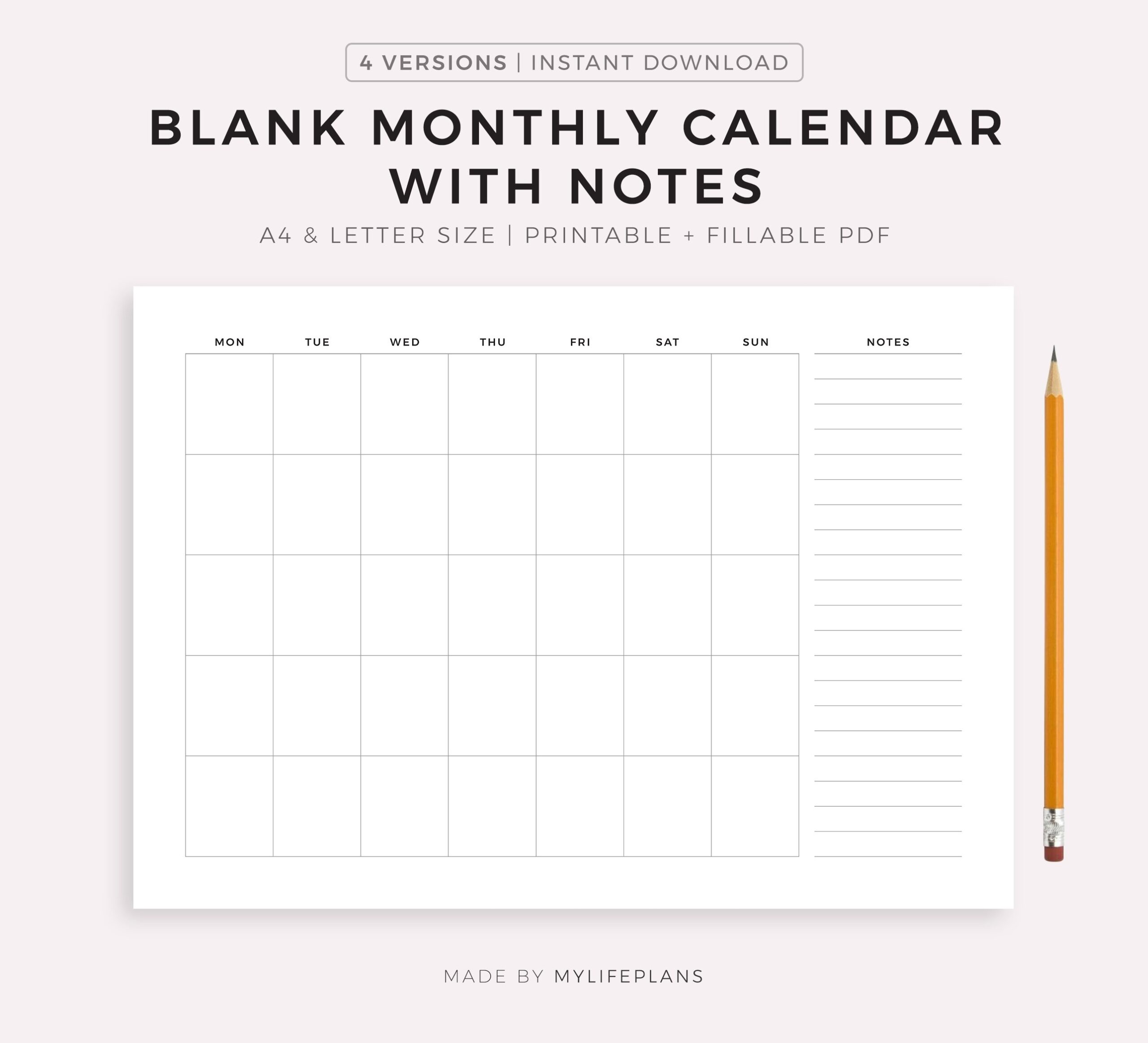 Blank Monthly Calendar With Notes Landscape Printable PDF Blank Monthly Calendar With Notes Landscape Printable PDF