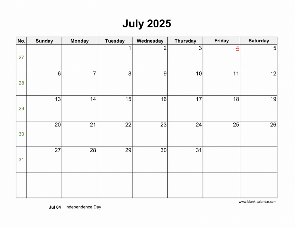 Printable Blank Calendar July 2025 11x14