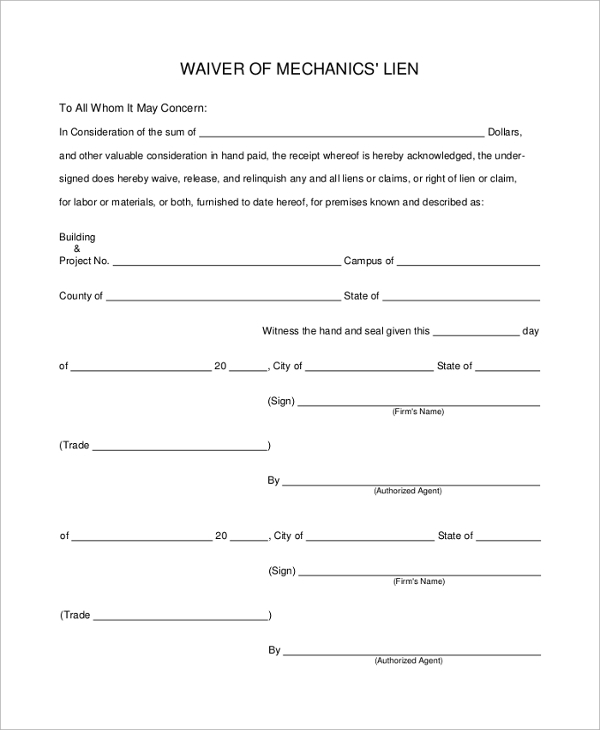 Blank Printable Lien Waiver Form Printable Forms Free Online Blank Printable Lien Waiver Form Printable Forms Free Online