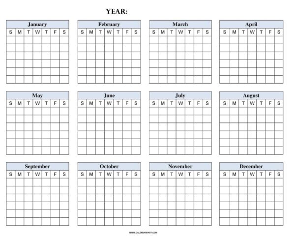 Blank One Year Calendar Printable One Page