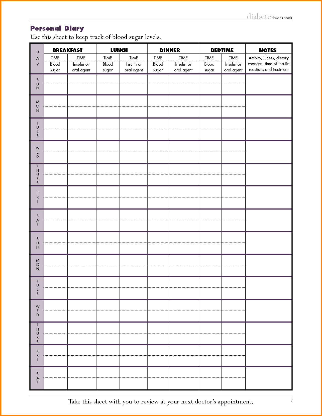 30 Day Blank Printable Blood Sugar Chart