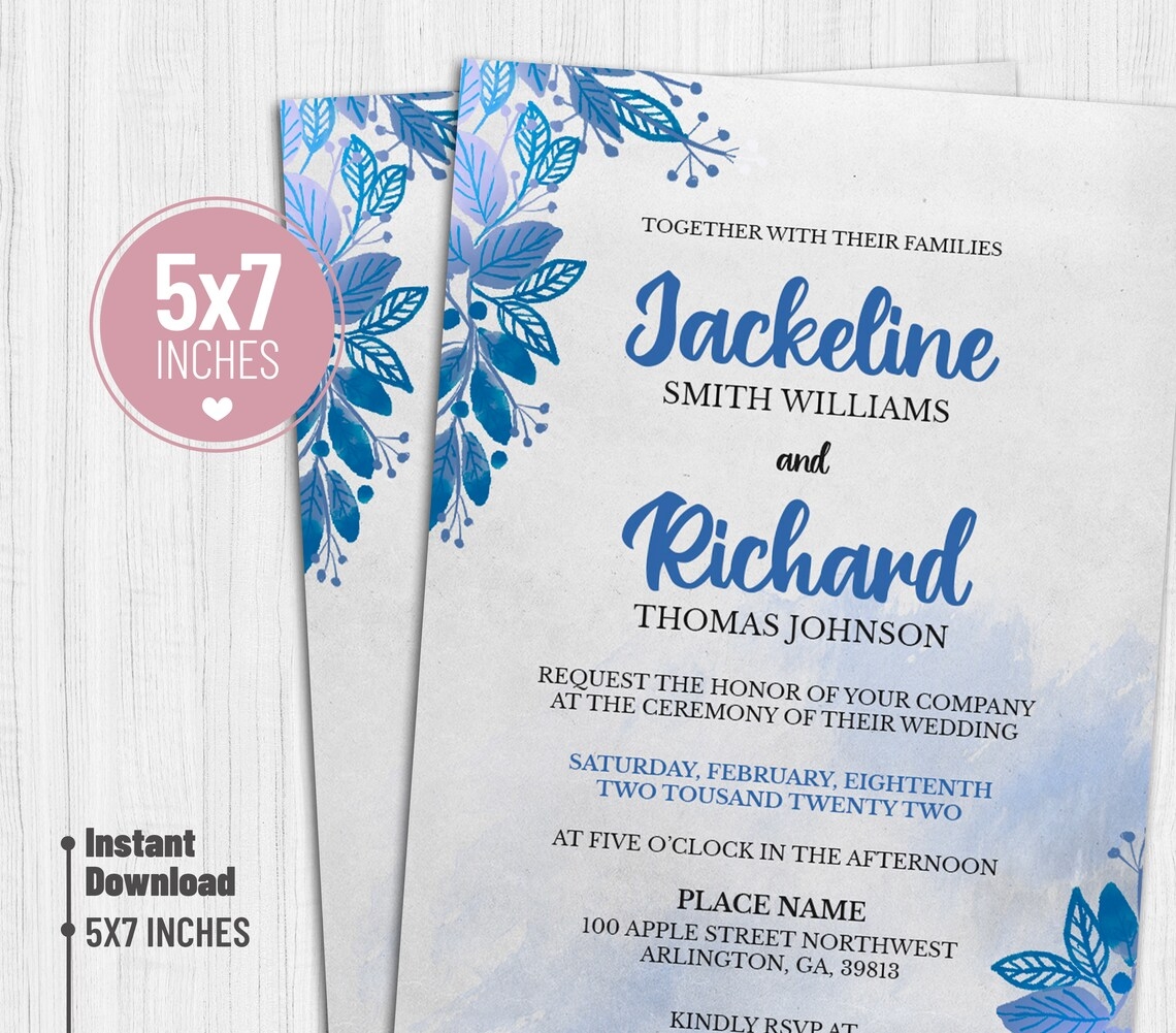 Blue Floral Wedding Invitation Blue Themed Wedding 5x7 Editable Blue Floral Wedding Invitation Blue Themed Wedding 5x7 Editable