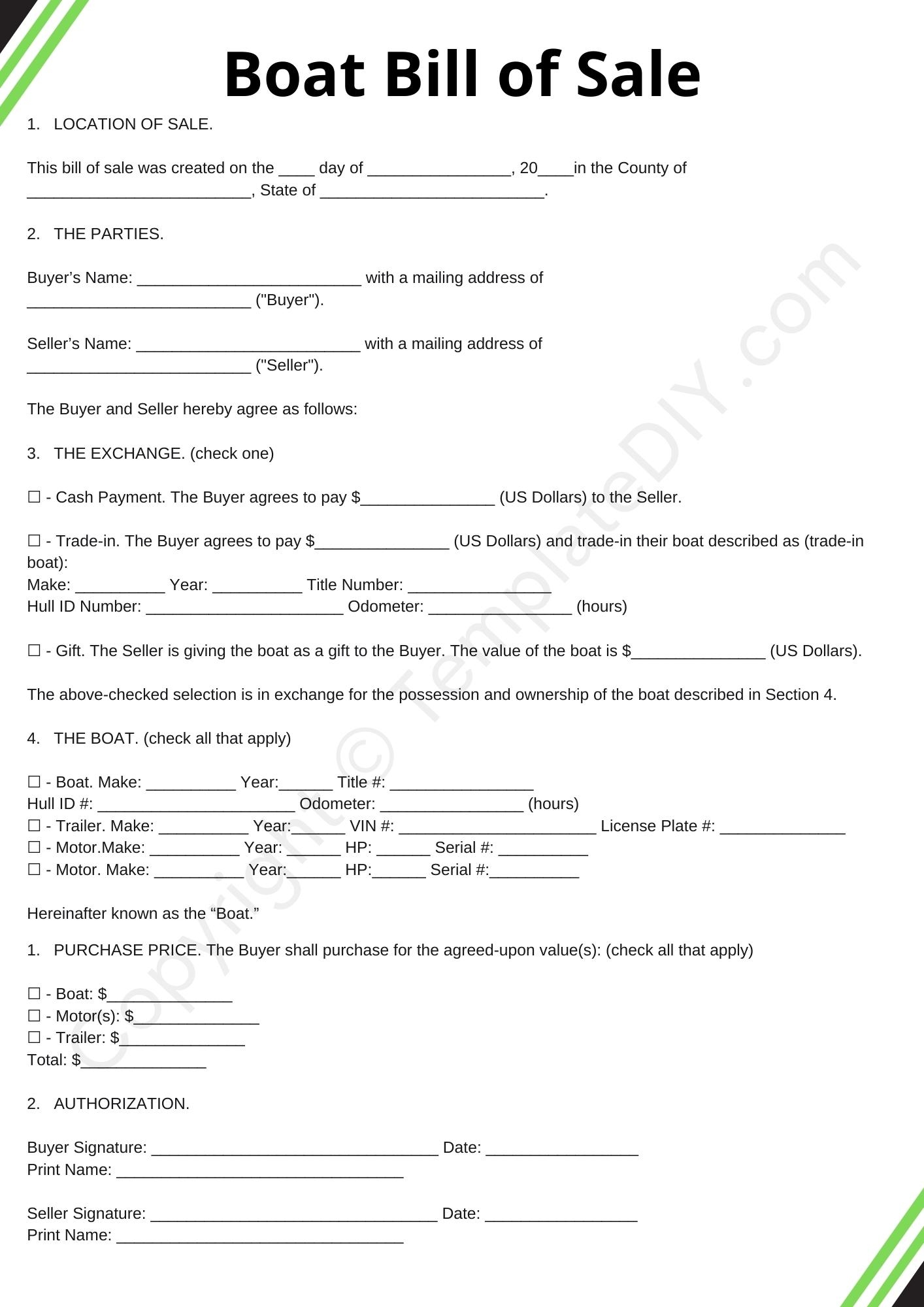 Boat Bill Of Sale Blank Printable Form Template In PDF Word Boat Bill Of Sale Blank Printable Form Template In PDF Word