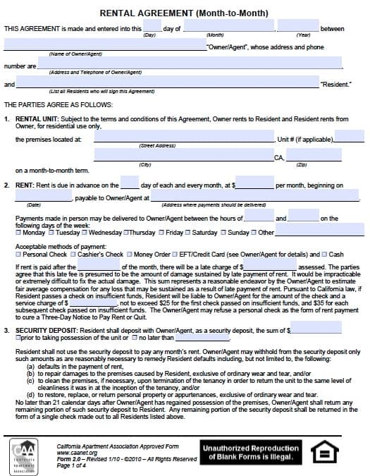 California Month To Month Rental Agreement Blank Forms Printable California Month To Month Rental Agreement Blank Forms Printable