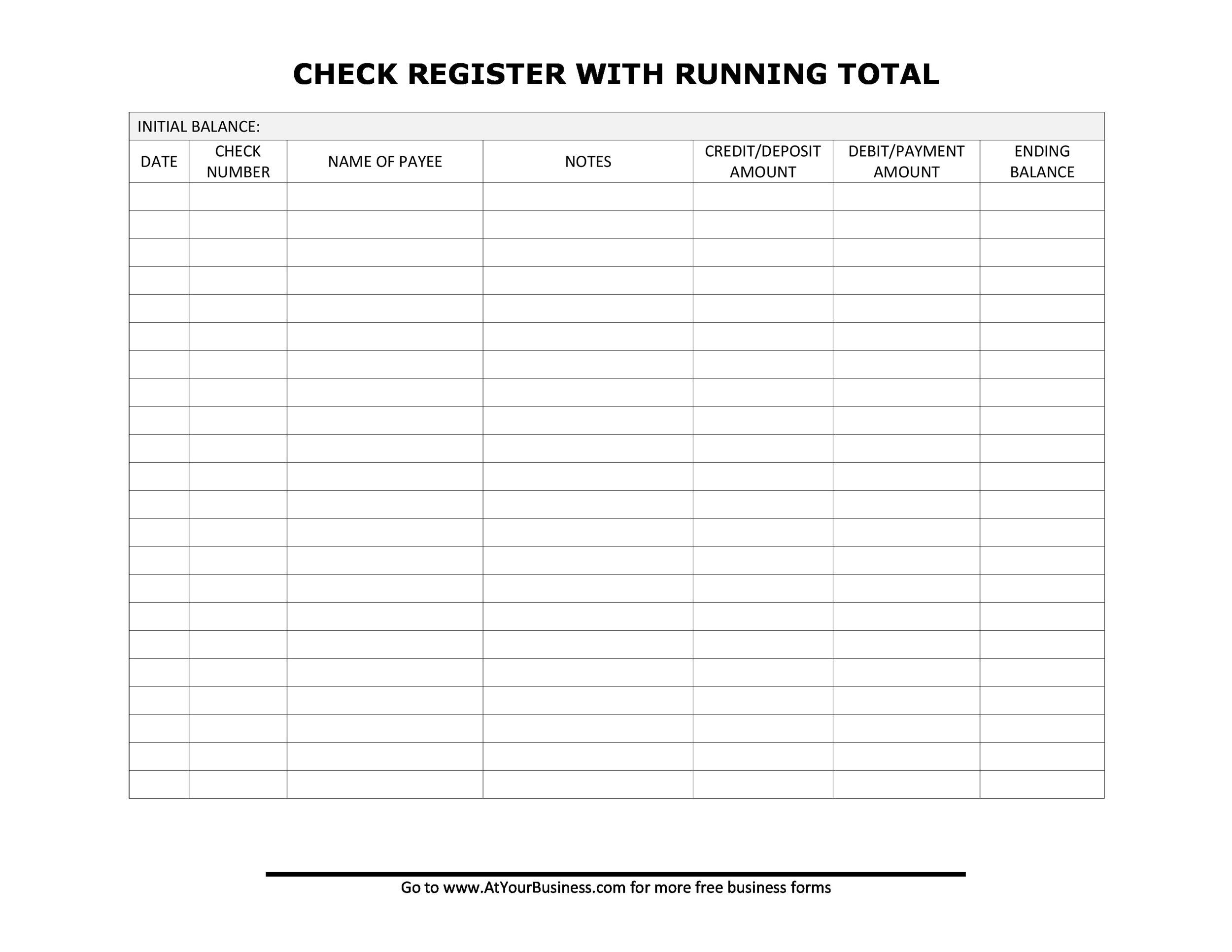 Blank Check Register With Running Balance Printable