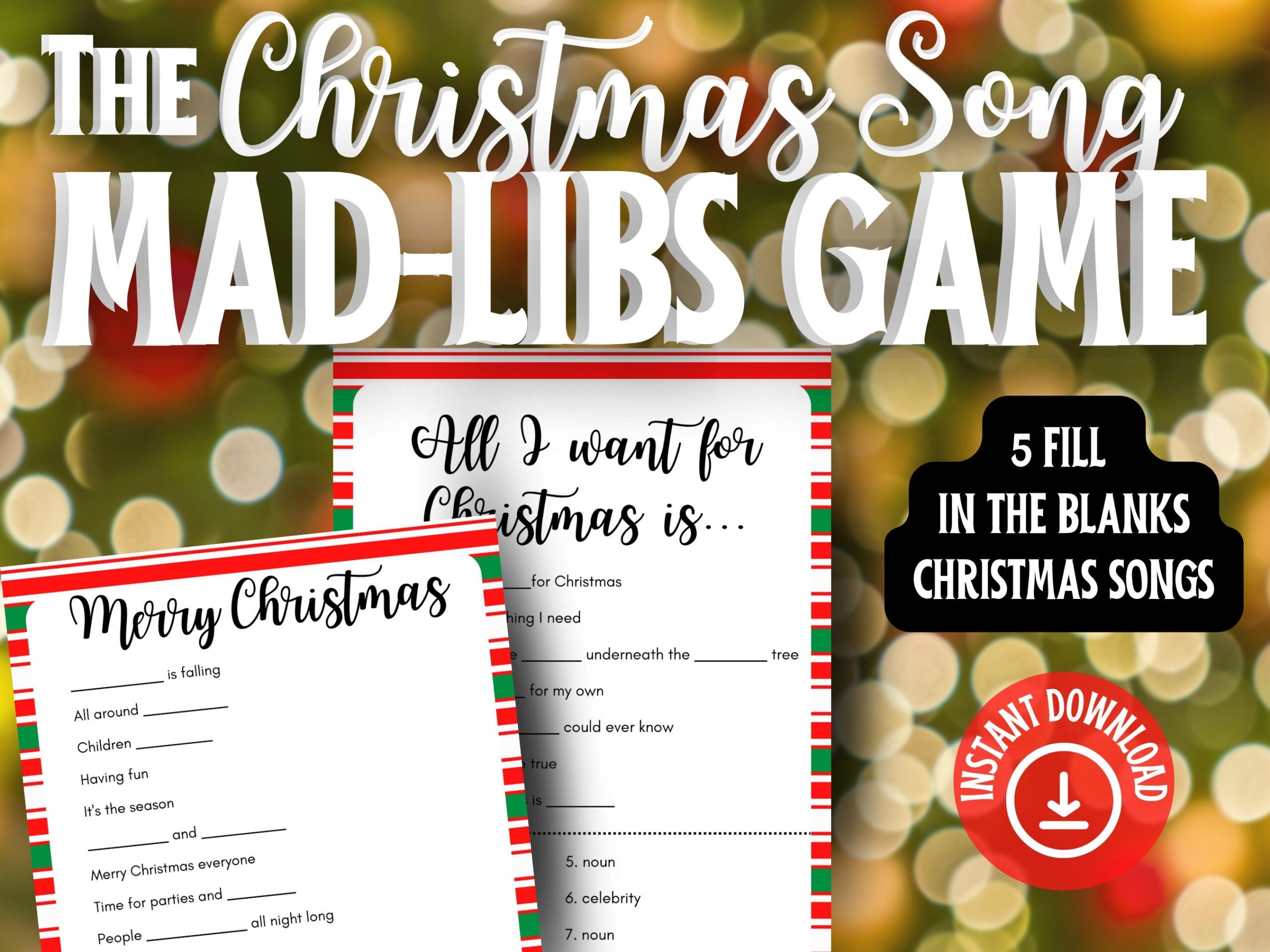Christmas Song Mad Libs Game 5 Xmas Songs Fill In The Blanks 