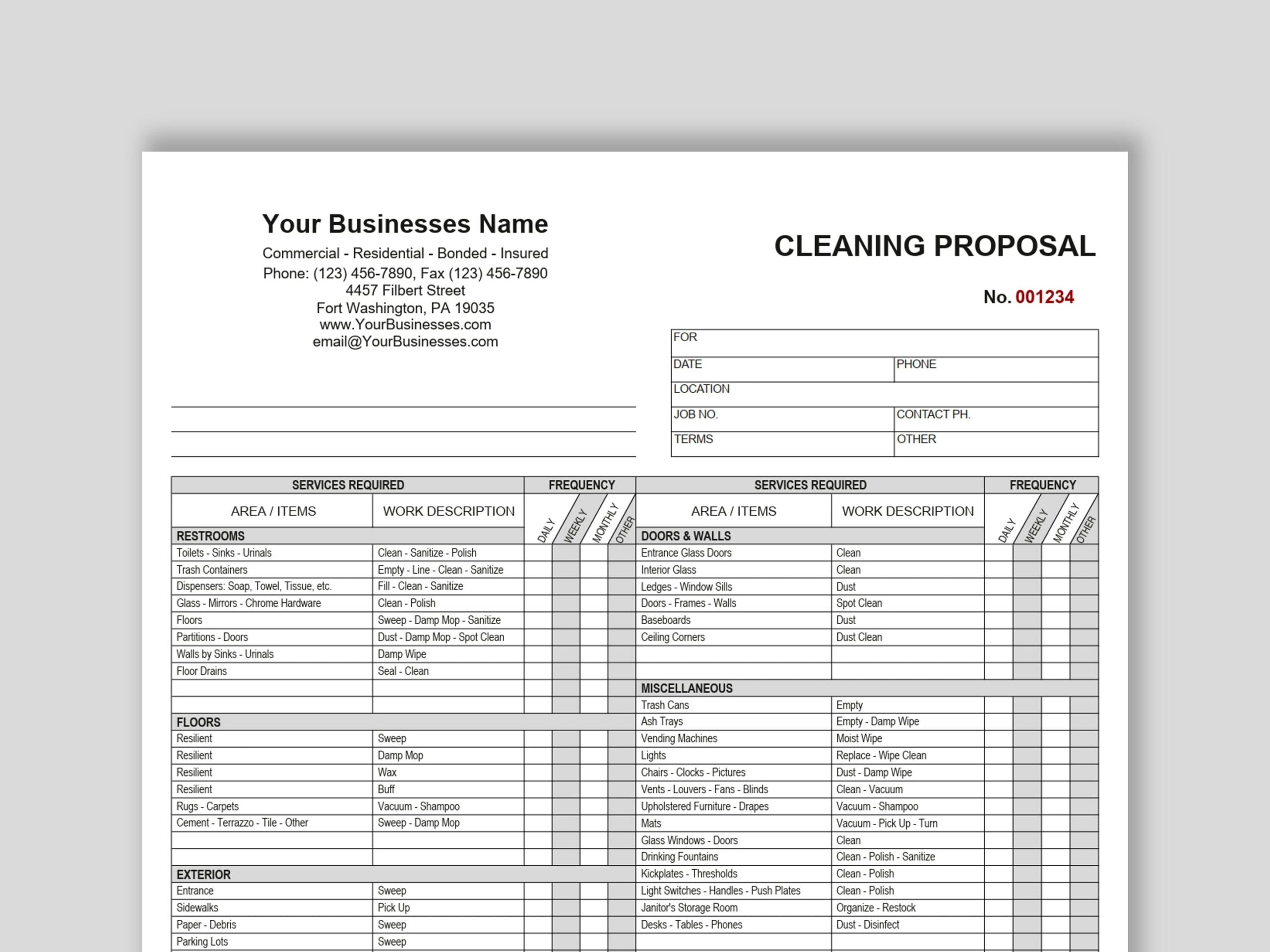 Printable Bid Sheets For Commer Cleaning Blank