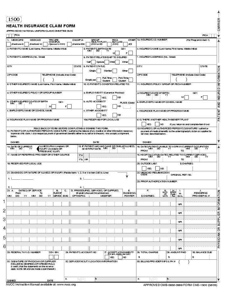 Cms 1500 Claim Form Printable Free Printable Forms Free Online