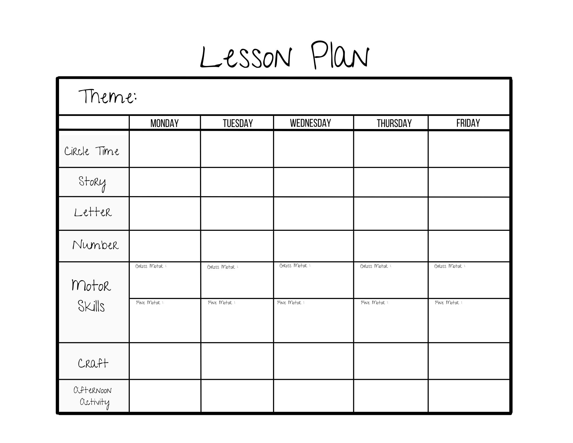 Printable Blank Preschool Lesson Plan Template