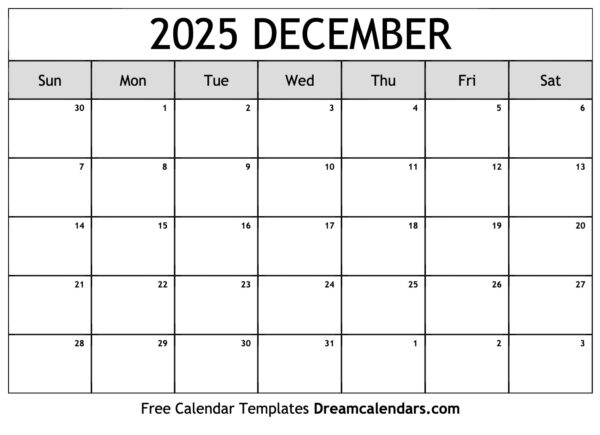 Blank Calendar Template December 2025 Printable