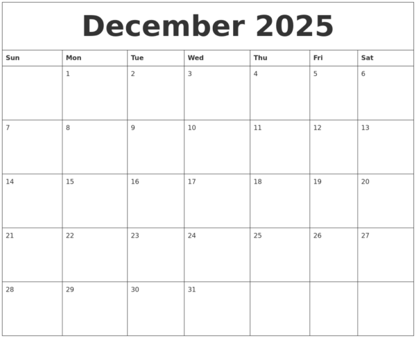 Blank December 2025 Calendar Printable Free